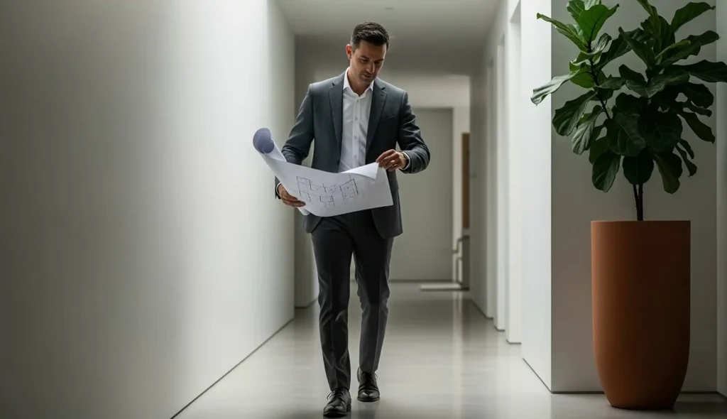 Architect walking through a modern office hallway while reviewing construction plans and project drawings.