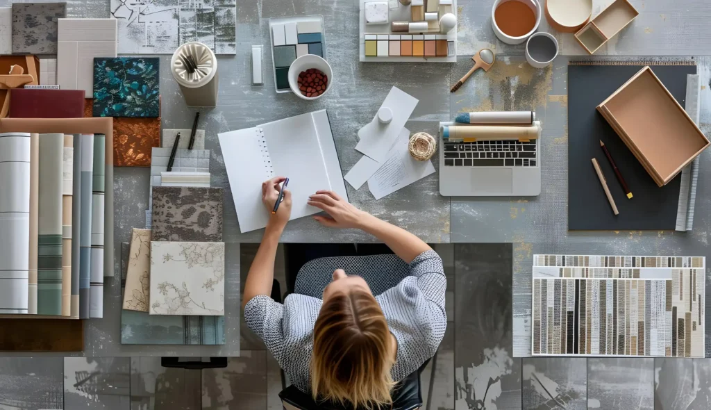 Interior designer working at a creative studio desk surrounded by material samples, color palettes, and design planning tools.