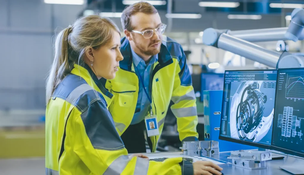 Engineers reviewing advanced mechanical design data and CAD models in a high-tech engineering workspace.